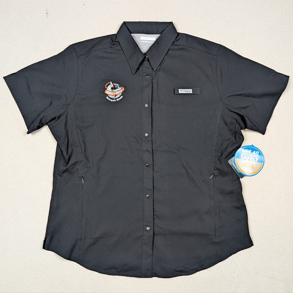 NWT Columbia PFG Tamiami II Short Sleeve Shirt Black Womens Large World of Speed
